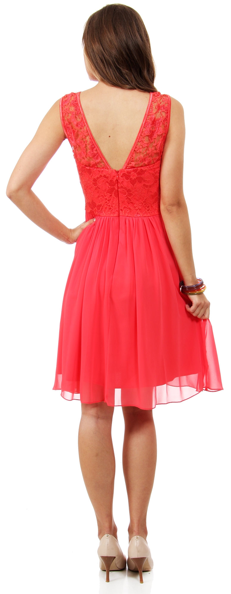 Floral Lace Top Short Bridesmaid Party Dress — back in Coral