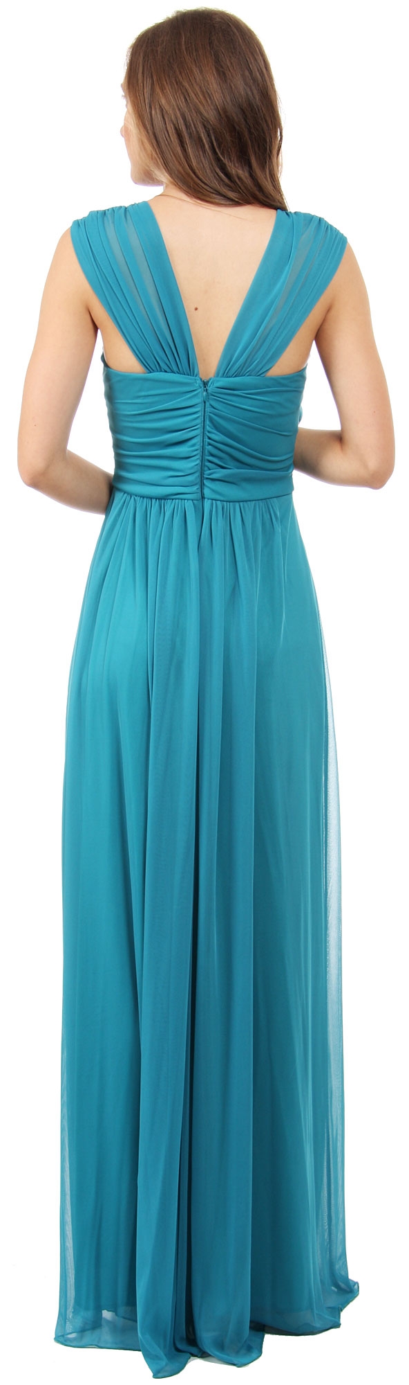 Scoop Neck Broad Straps Shirred Long Formal Bridesmaid Dress — back in Jade Green