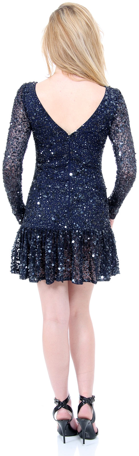 Full Sleeves Flared Skirt Sequined Mini Party Dress — back in Navy