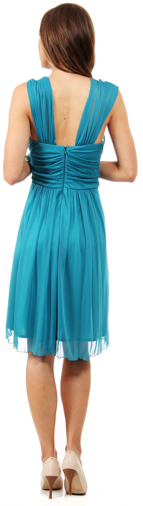 Scoop Neck Broad Shirred Short Bridesmaid Party Dress — back in Jade Green