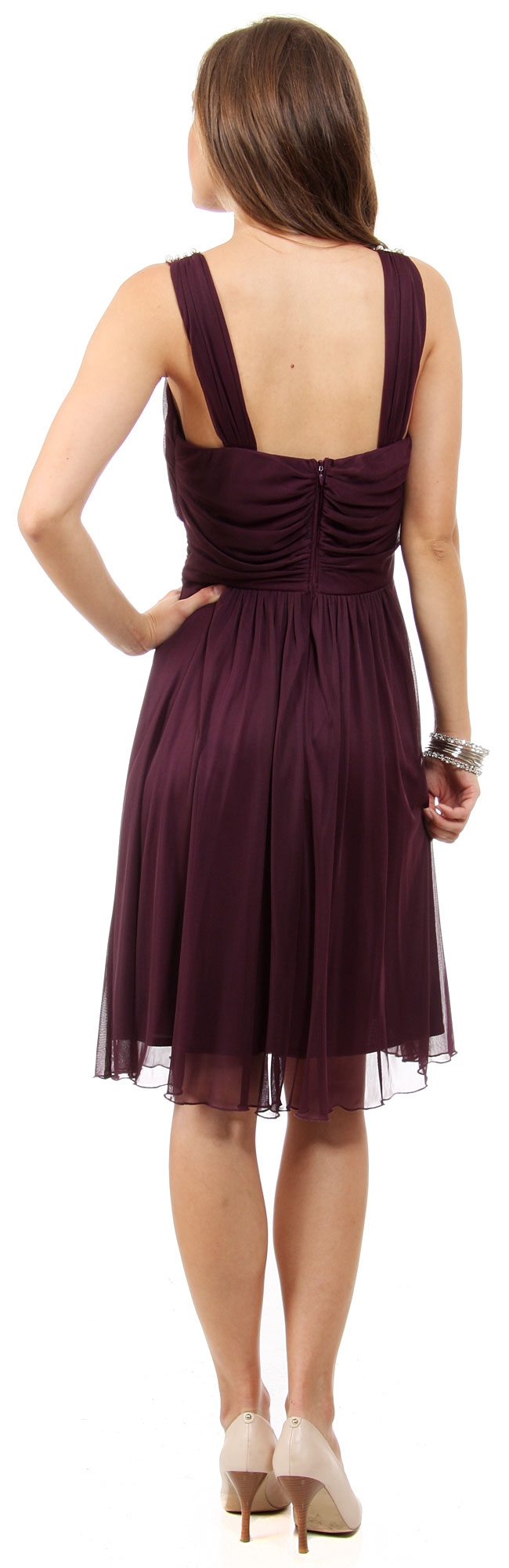 U-Neck Short Party Dress with Pearls & Diamond Accent — back in Plum
