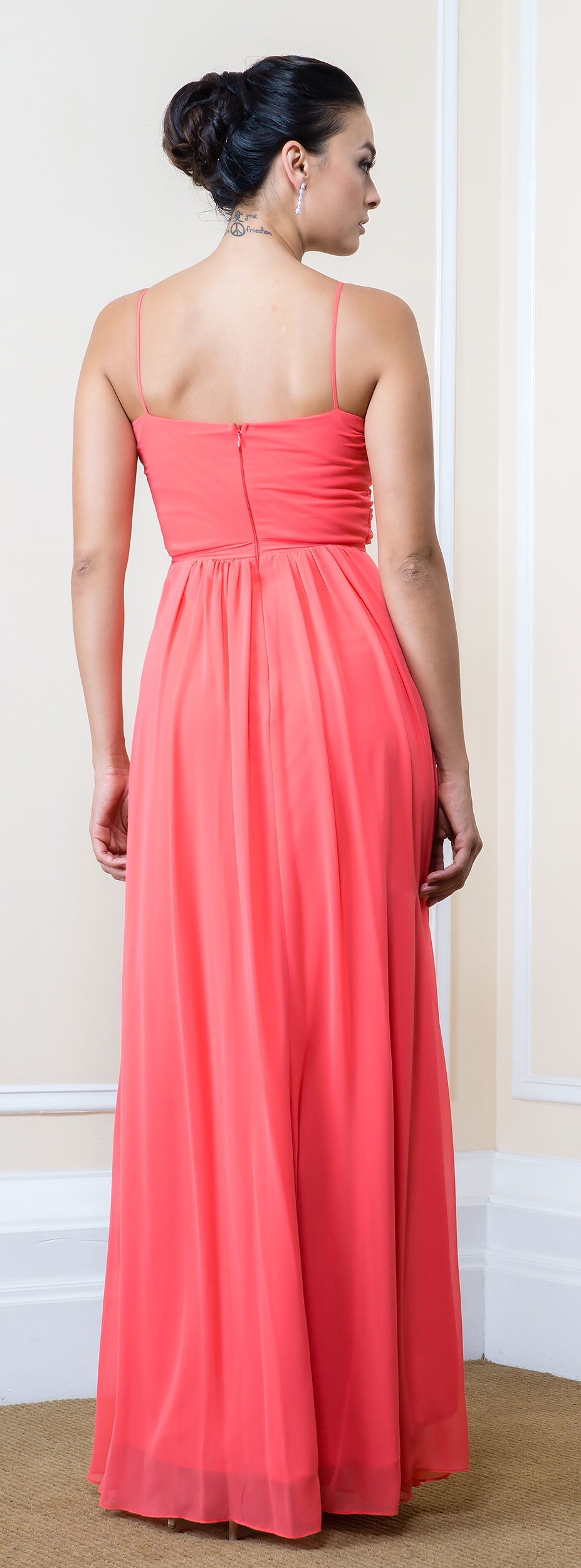 Pleated Bust Spaghetti Straps Long Formal Bridesmaid Dress — back