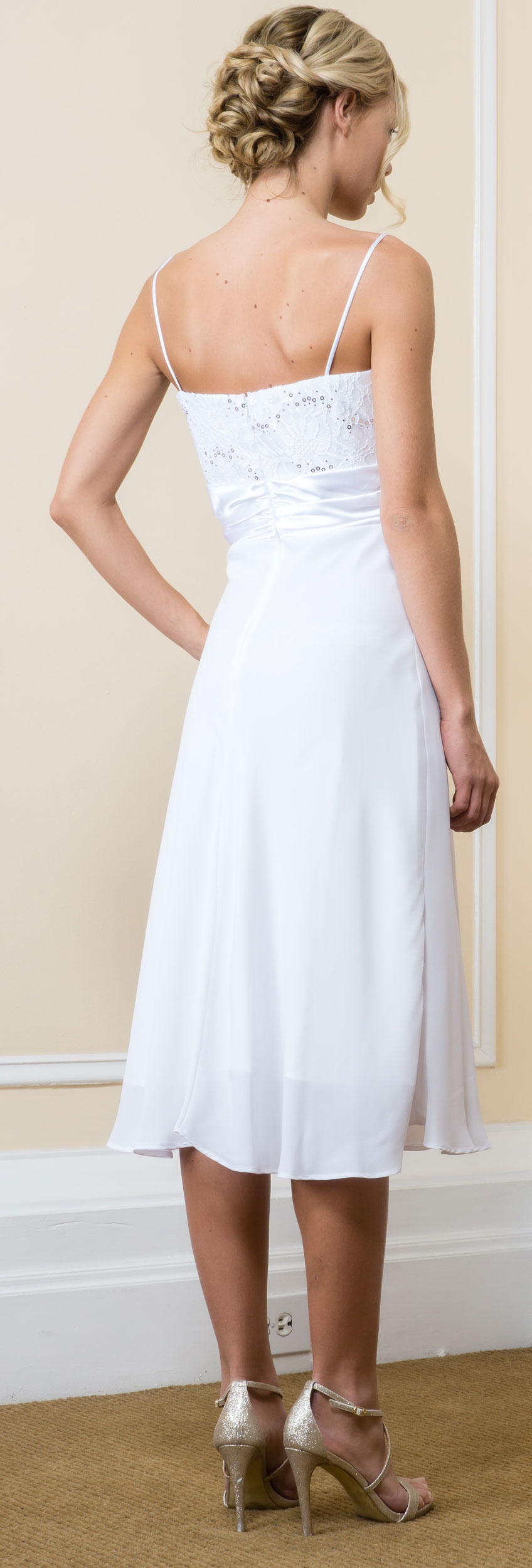 Lace Top Chiffon Skirt Formal MOB Dress with Bolero — back in White
