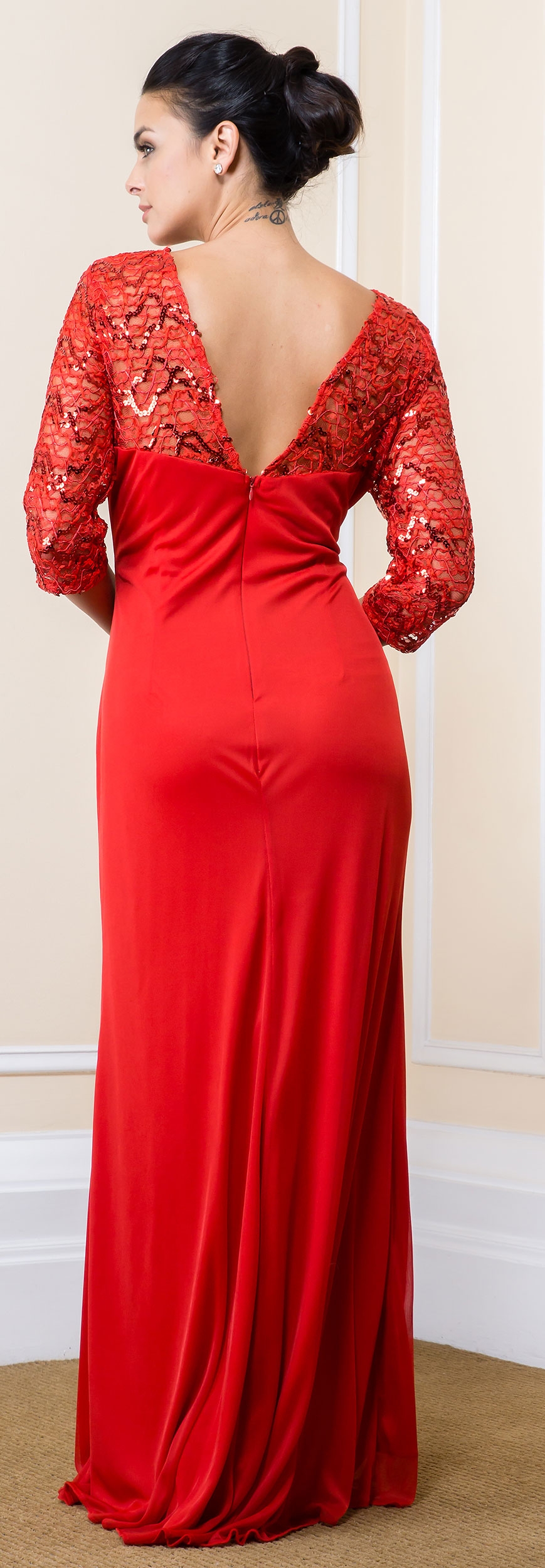 Sequin Lace Sleeves Full Length Formal Bridesmaid Dress — back