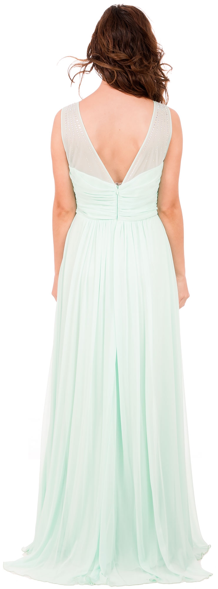 V-Neck Bejeweled Shoulders Ruched Formal Bridesmaid Dress — back in Mint