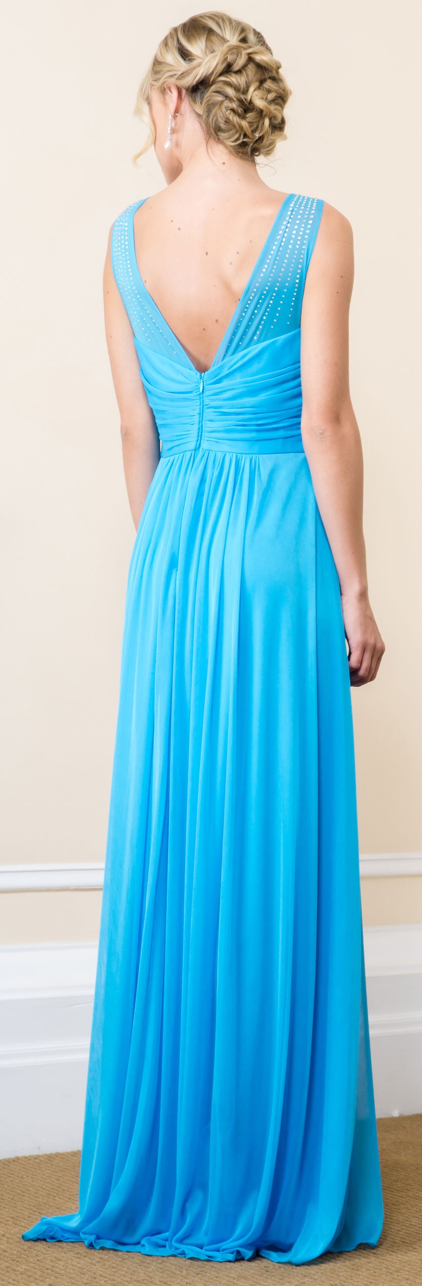 V-Neck Bejeweled Shoulders Ruched Formal Bridesmaid Dress — back