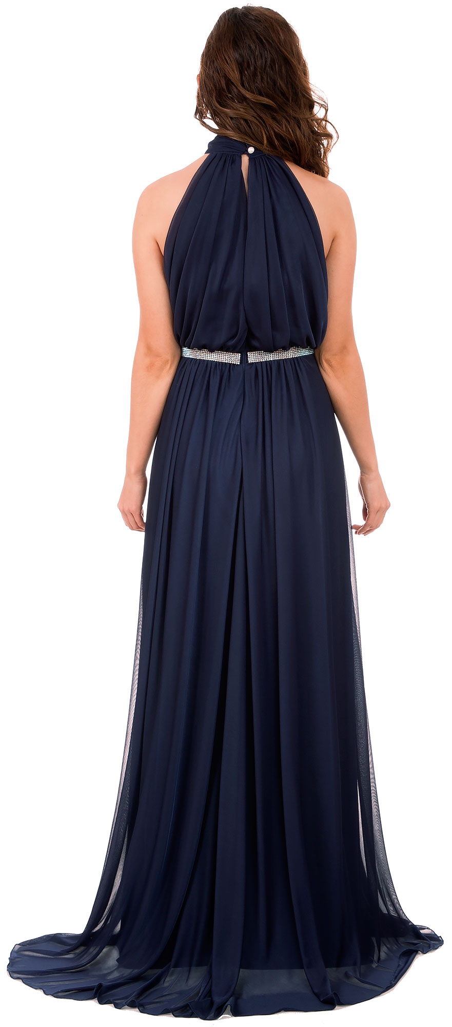 High Halter Neck Long Formal Bridesmaid Dress with Keyhole — back in Navy