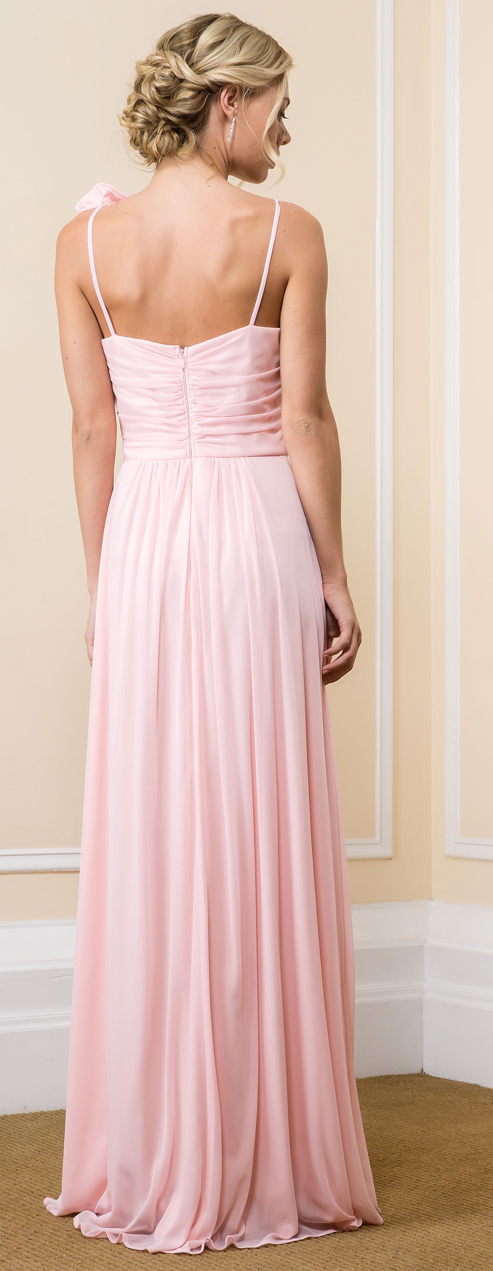 Ruched Bust Floral Shoulder Long Formal Evening Gown — back