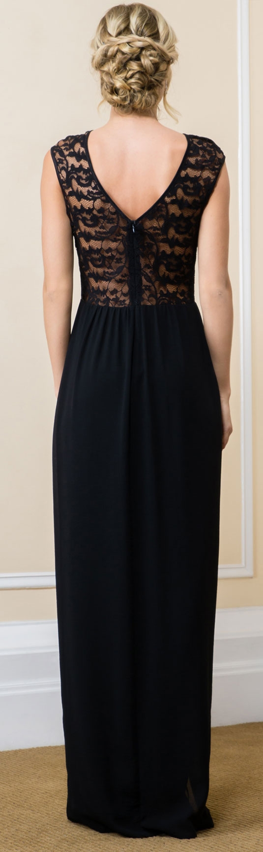 Lace Top Boat Neck Long Evening Gown with Front Slit — back