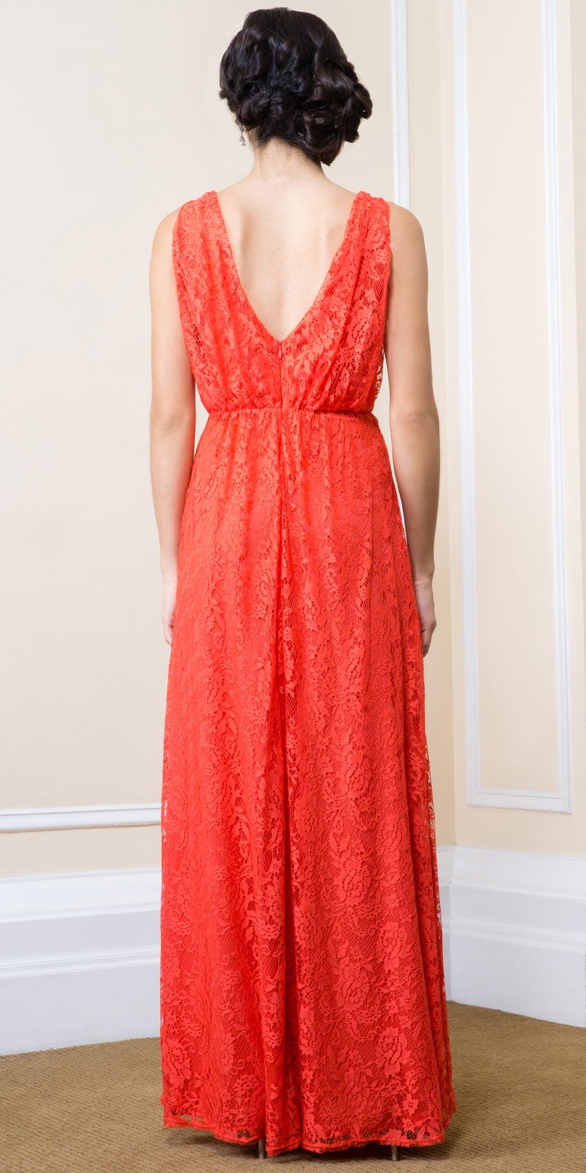 Floral Lace V-Neck Gathered Long Formal Evening Dress — back