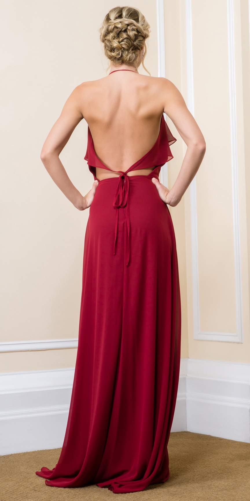 Halter Neck Flutter Top/Sleeve Long Formal Evening Dress — back