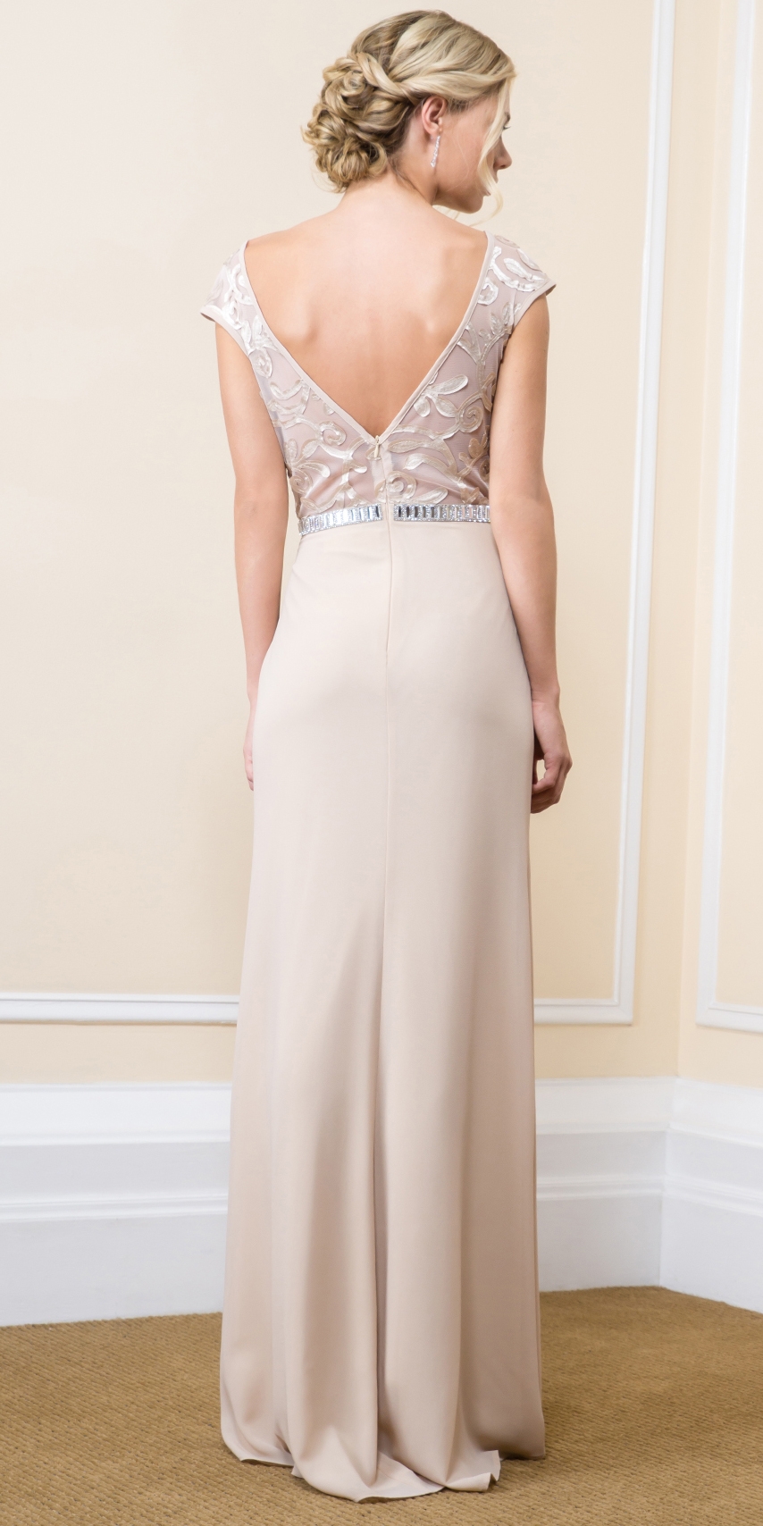 Floral Bodice Bejeweled Waist Long Formal Evening Dress — back