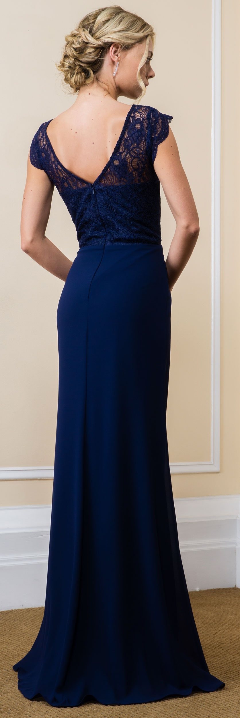 Lace Bodice Bejeweled Waist Long Formal Evening Dress — back