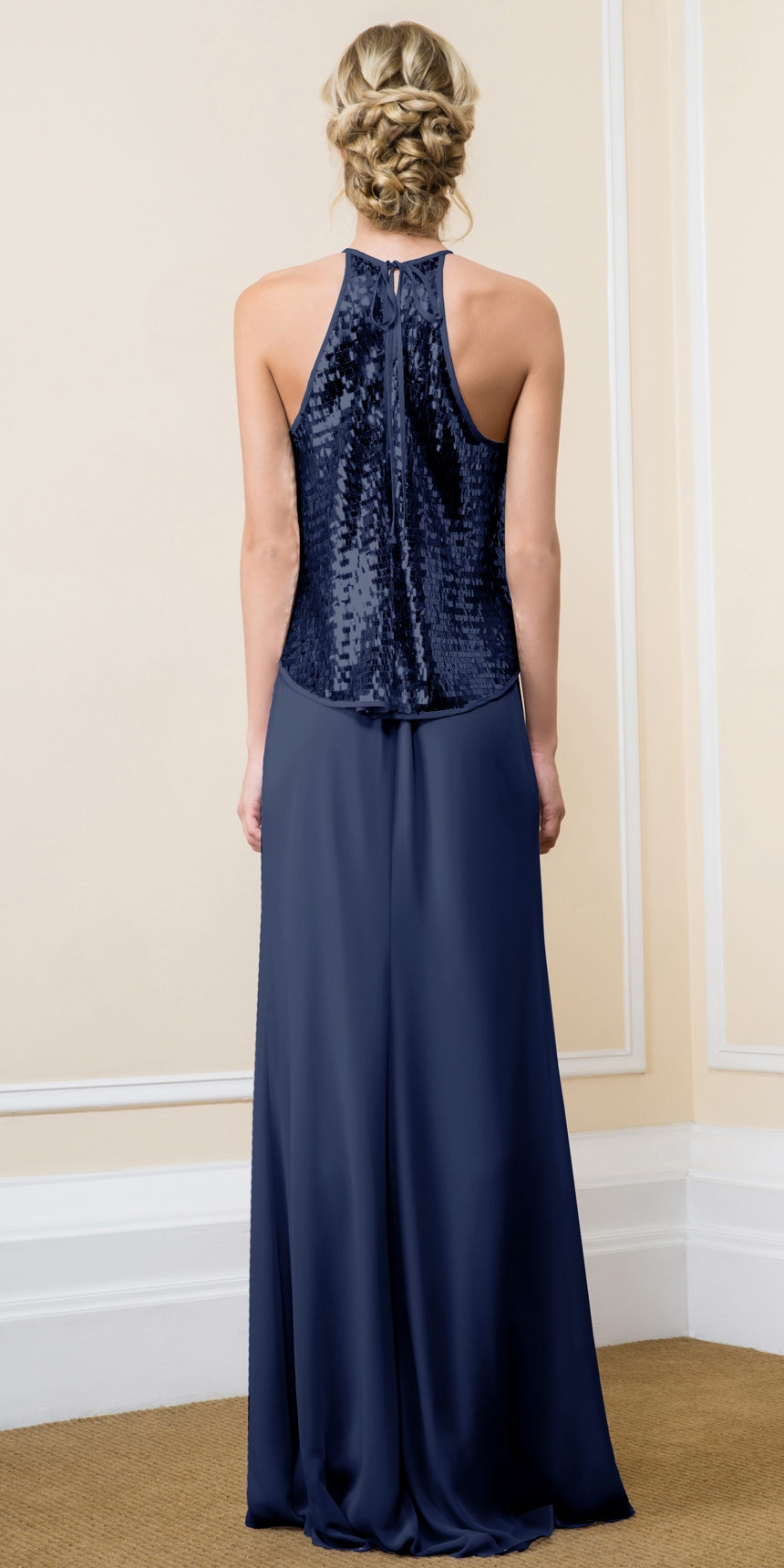 Sequin Overlay Top Long Formal Evening Sheath Dress — back