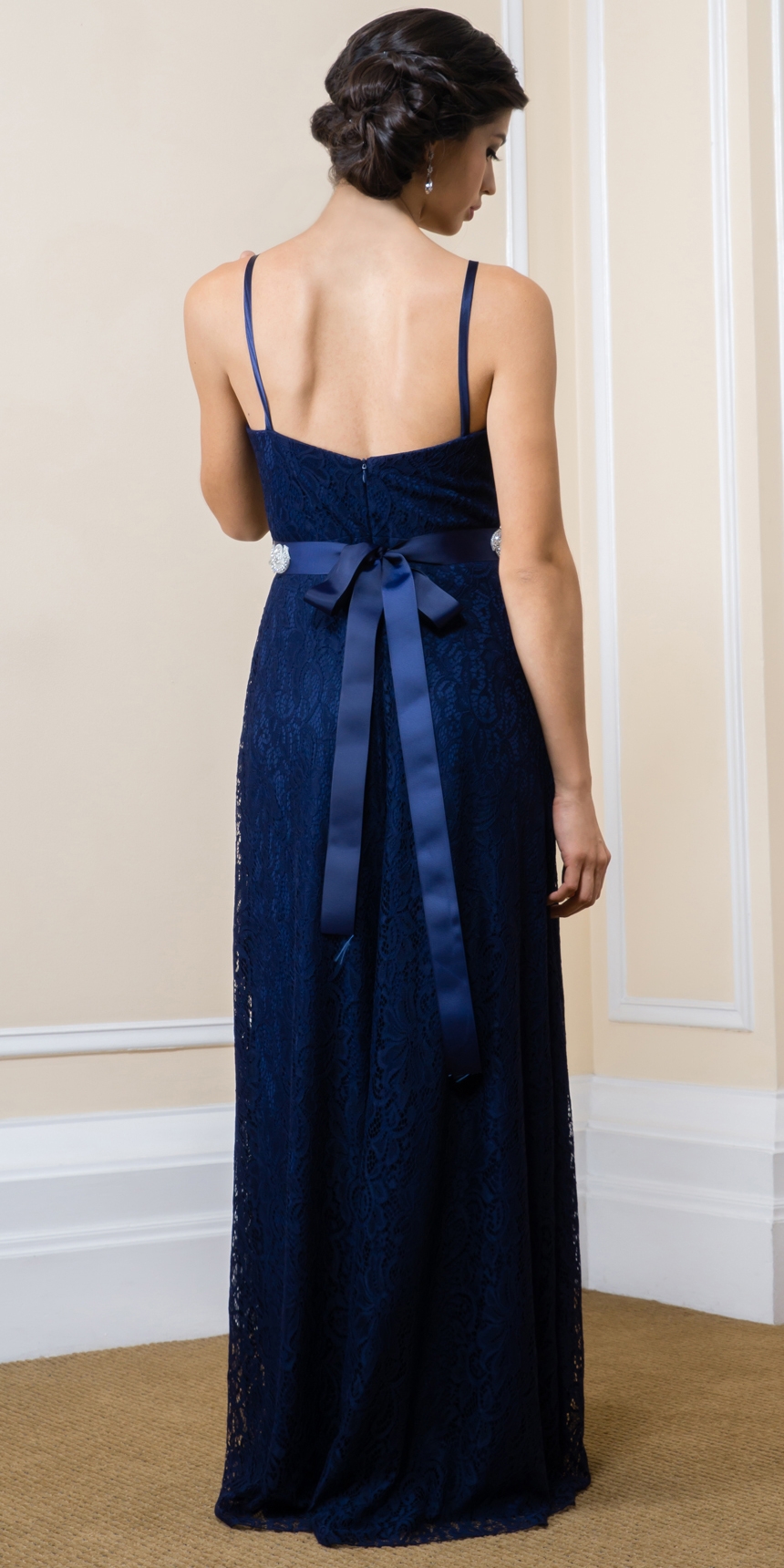 Floral Lace Long Formal Bridesmaid Dress with Satin Belt — back