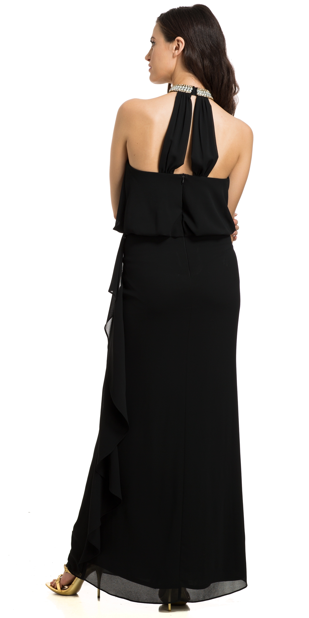 Bejeweled High Neck Ruffled Side Formal Evening Gown — back