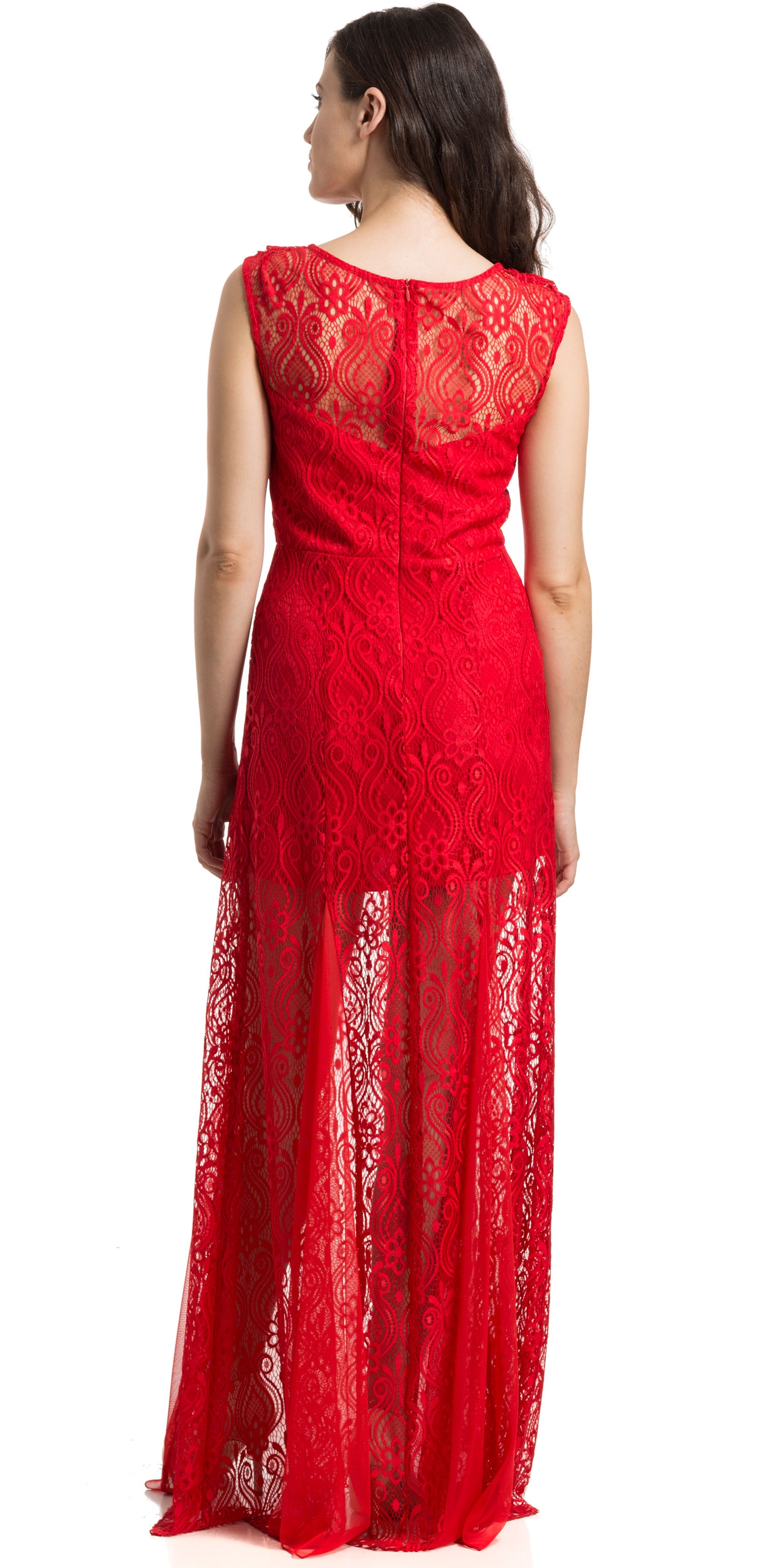Short Sleeve A-Line Lace Formal Evening Gown  — back