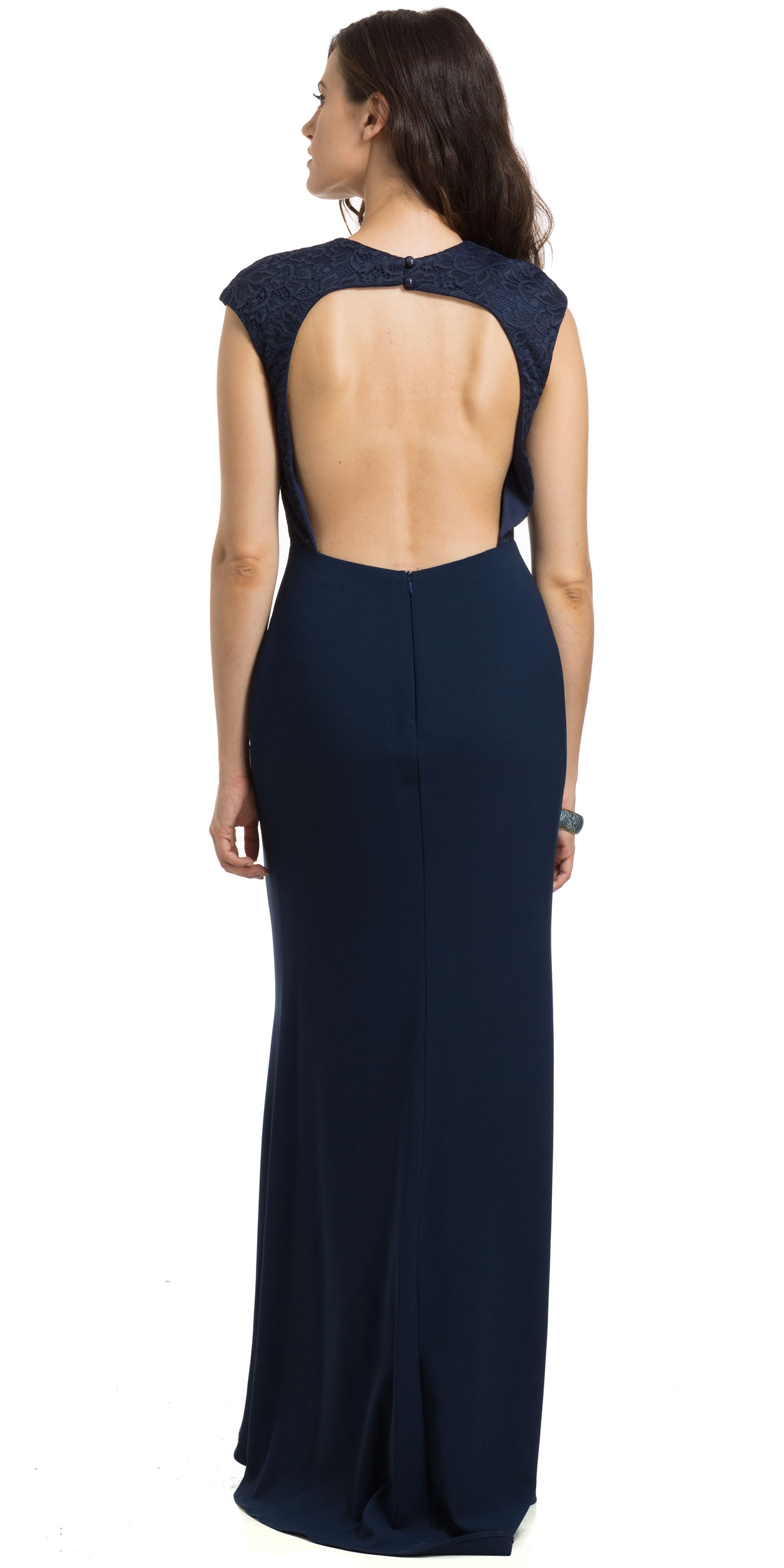 Lace Top Cutout Neckline Open Back Formal Evening Gown — back