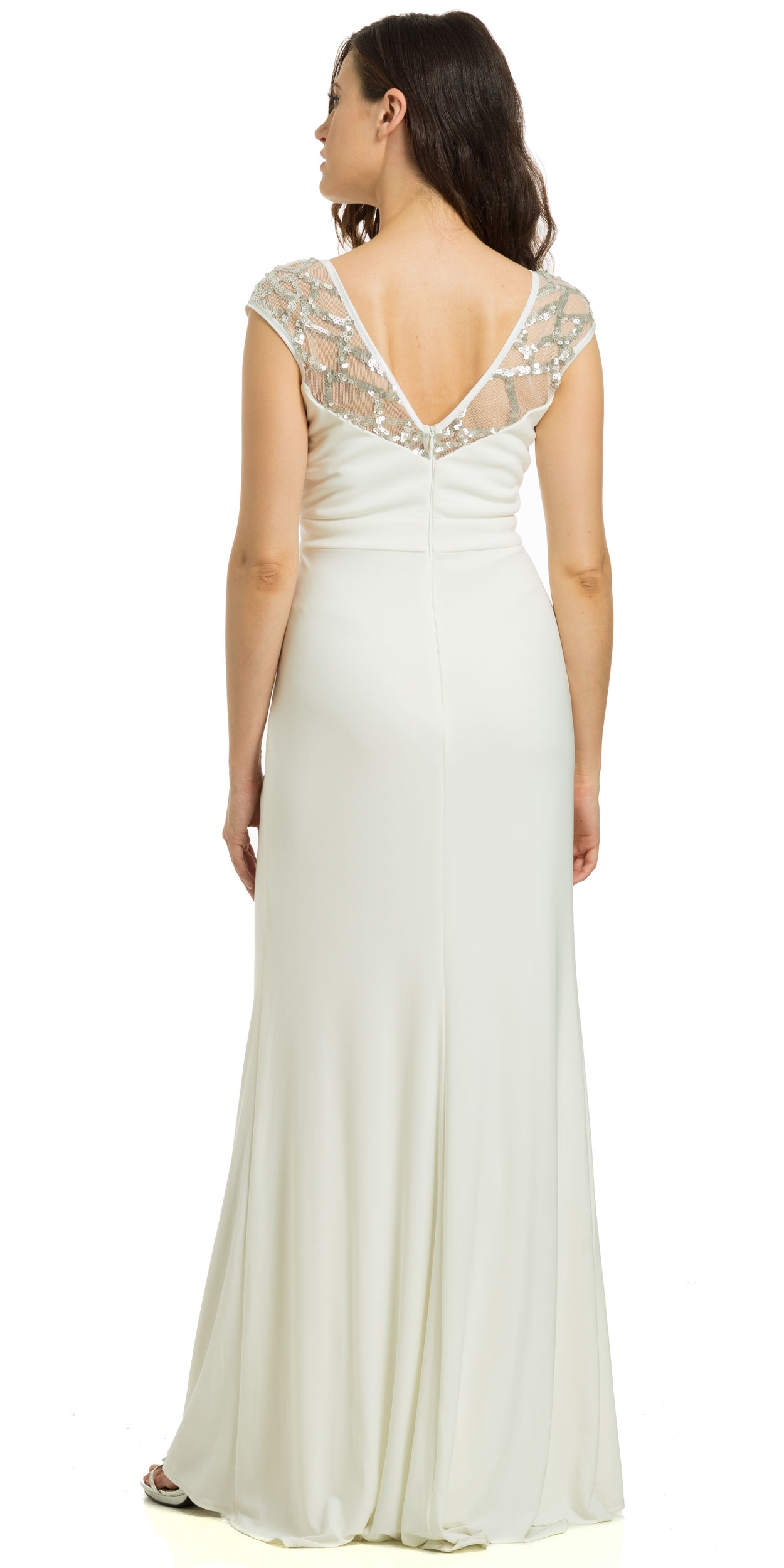 V-Neck Sequins Accent Gathered Waist Formal Evening Gown — back