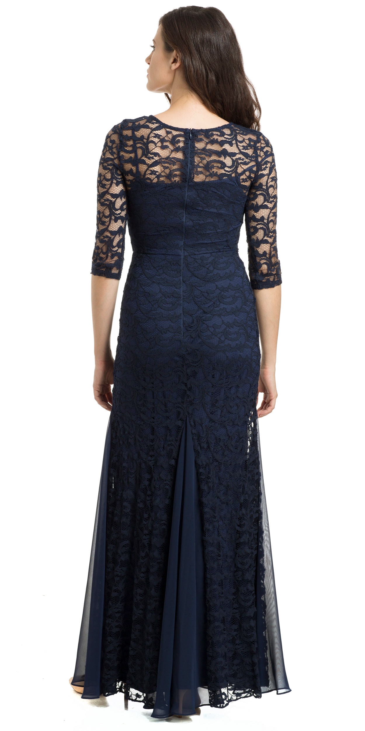 Round Neck Chiffon Panel Details Lace Formal Evening Gown  — back