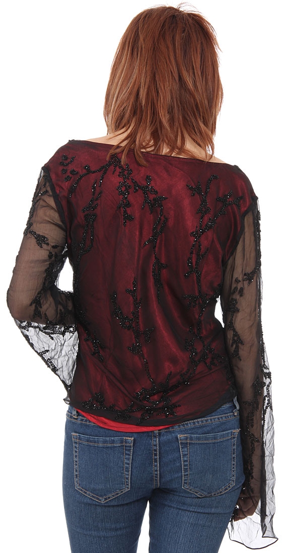 Loose Fitting Formal Beaded Blouse — back in Black/Red