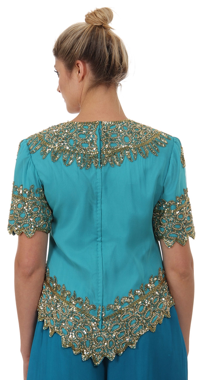 Formal Hand Beaded Blouse — back in Turquoise/Gold