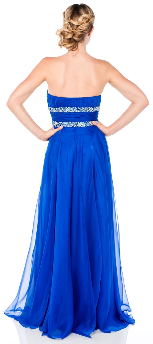 Strapless Long Formal Prom Dress with Beaded Waist — back in Royal Blue