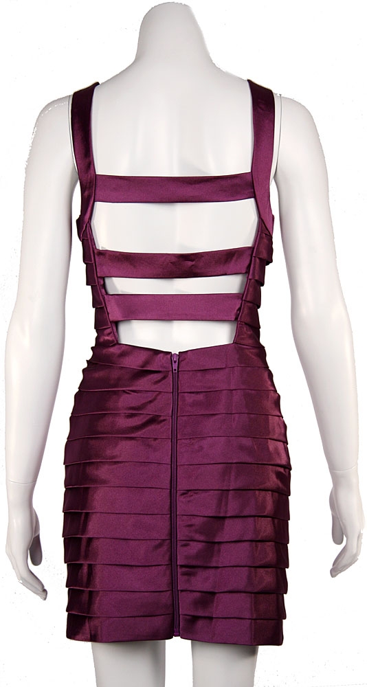 Horizontal Pleat Tiered Short Party Dress — back in Plum
