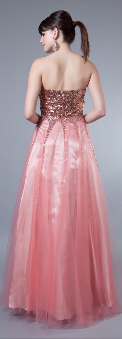 Strapless Sequin Bust Long Mesh Prom Dress  — back