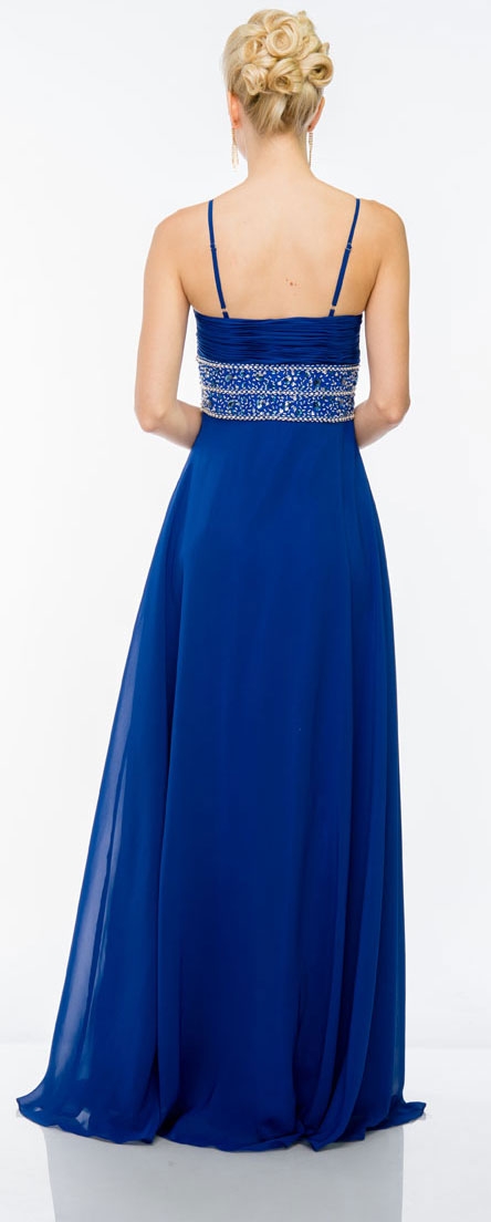 Shirred Bust Beaded Waist Long Formal Prom Dress — back in Royal Blue