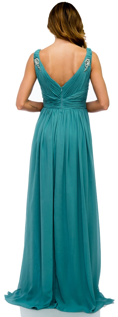Deep V-Neck Ruched Floor Length Formal Prom Dress — back in Navy
