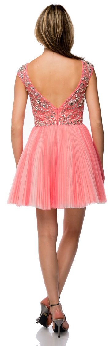 Bejeweled Short Party Prom Dress with Mesh Skirt — back