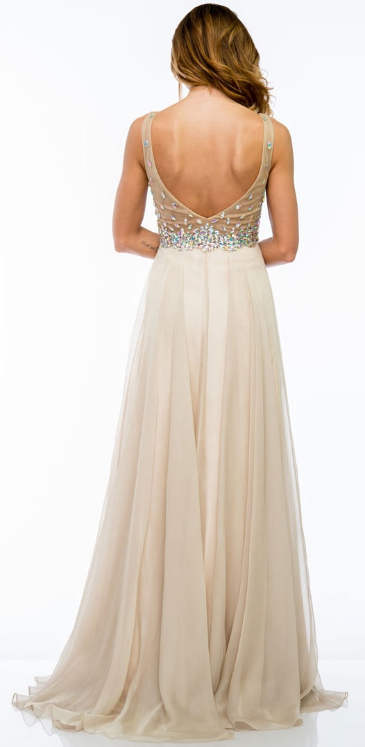 V-Neck Bejeweled Mesh Top Floor Length Formal Prom Dress — back in Beige