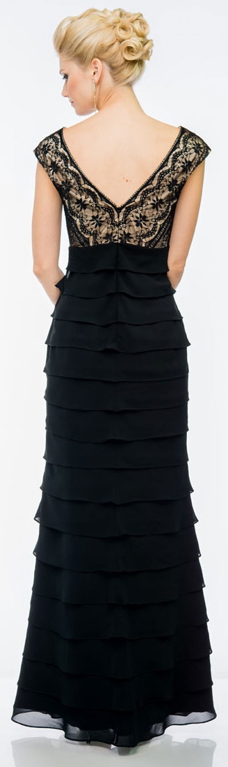V-Neck Tiered Long Formal Prom Dress with Lace on Bust — back in Black