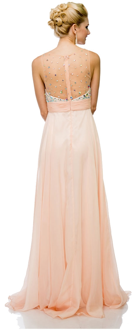 Jeweled Mesh Top Floor Length Formal Prom Dress — back in Peach