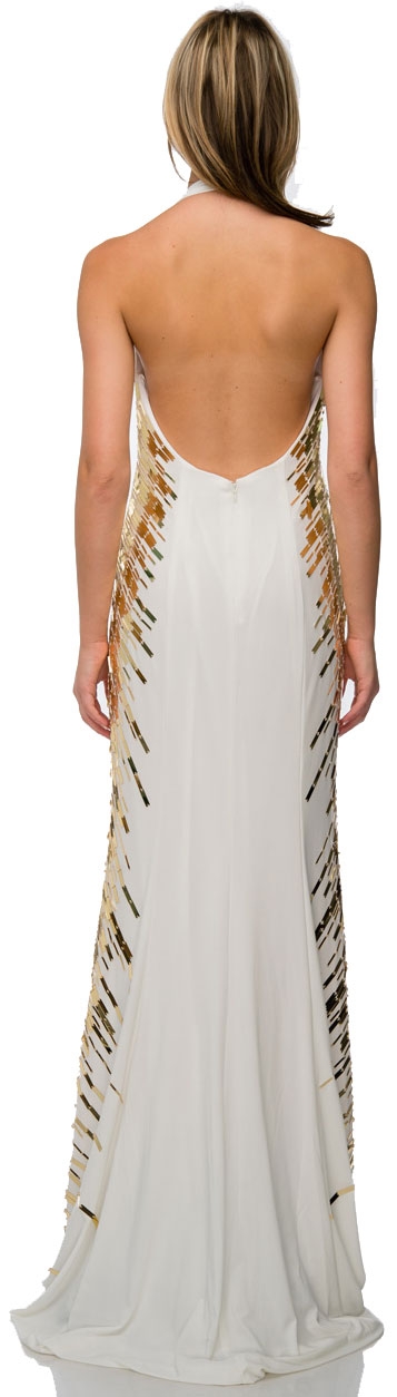 Halter Neck Sequined Sides Long Formal Prom Dress — back in Off White