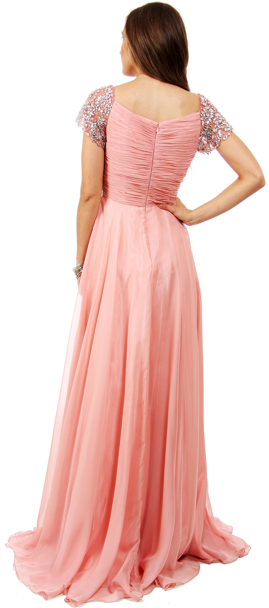 Short Sleeves Twist Front Floor Length Formal Prom Dress — back in Peach Pink