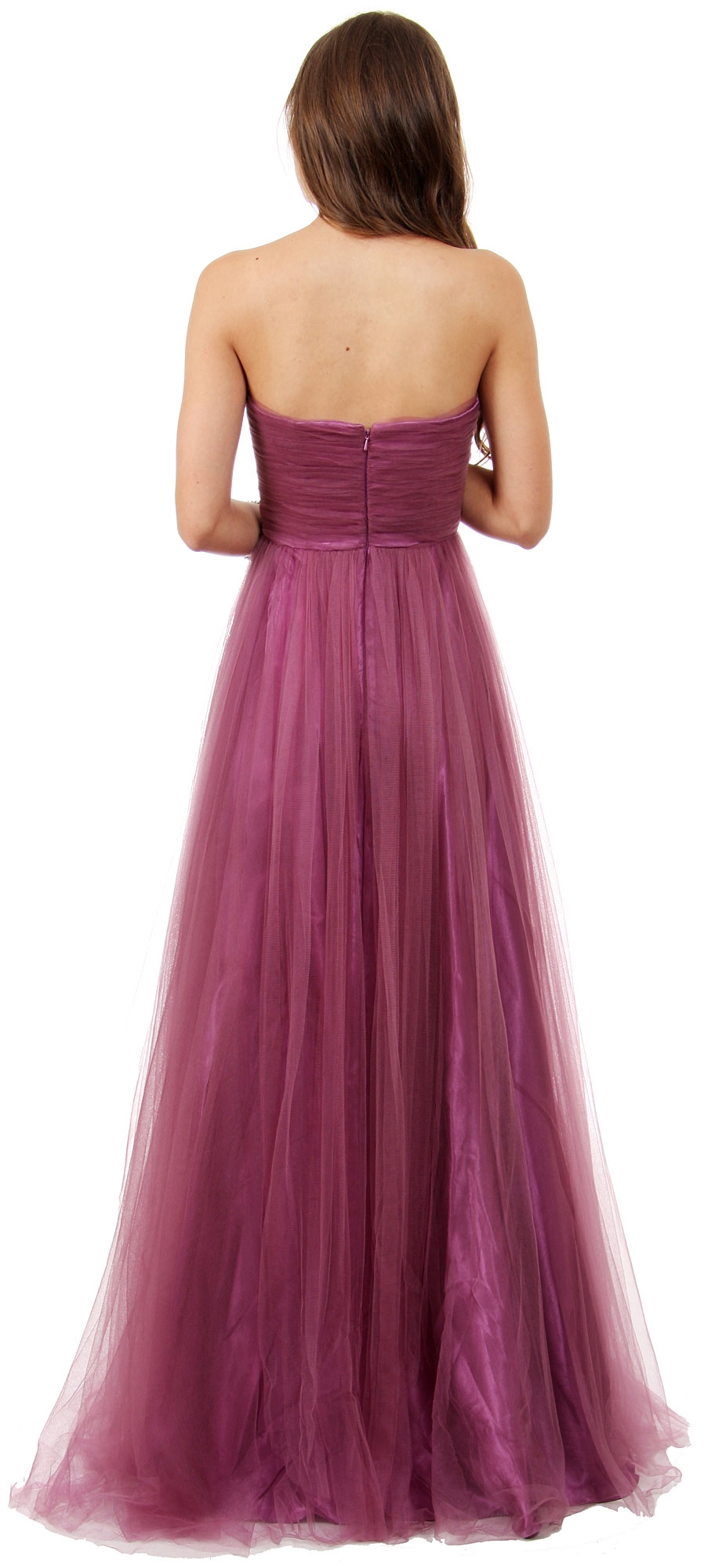Strapless Sweetheart Neck Mesh Long Formal Prom Dress — back in Plum