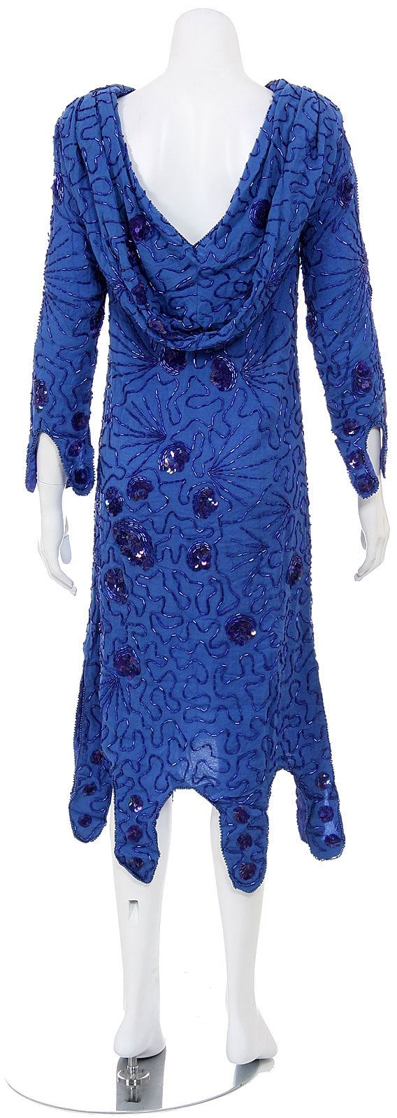 Medium Length Cowl Neck Back Hand Beaded Dress — back