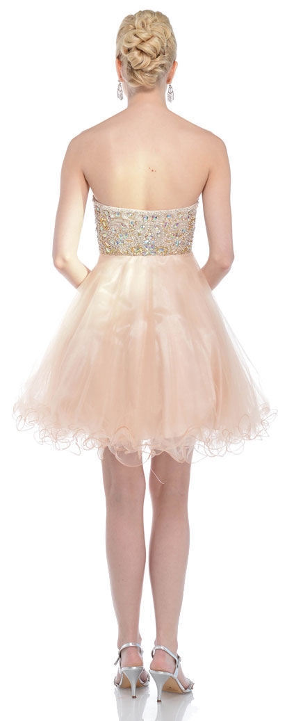 Strapless Beaded Bust Mesh Short Party Prom Dress — back in Gold
