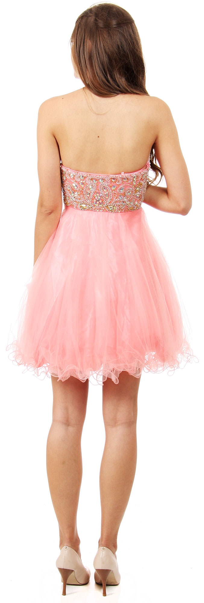Strapless Beaded Bust Mesh Short Party Prom Dress — back