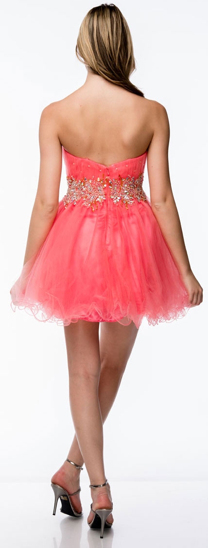Strapless Beaded Waist Short Tulle Party Prom Dress — back