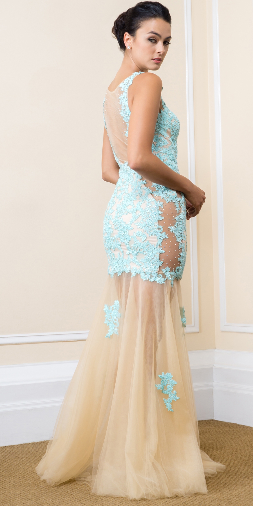 Exquisite Floral Lace Tulle Skirt Long Prom Pageant Dress — back