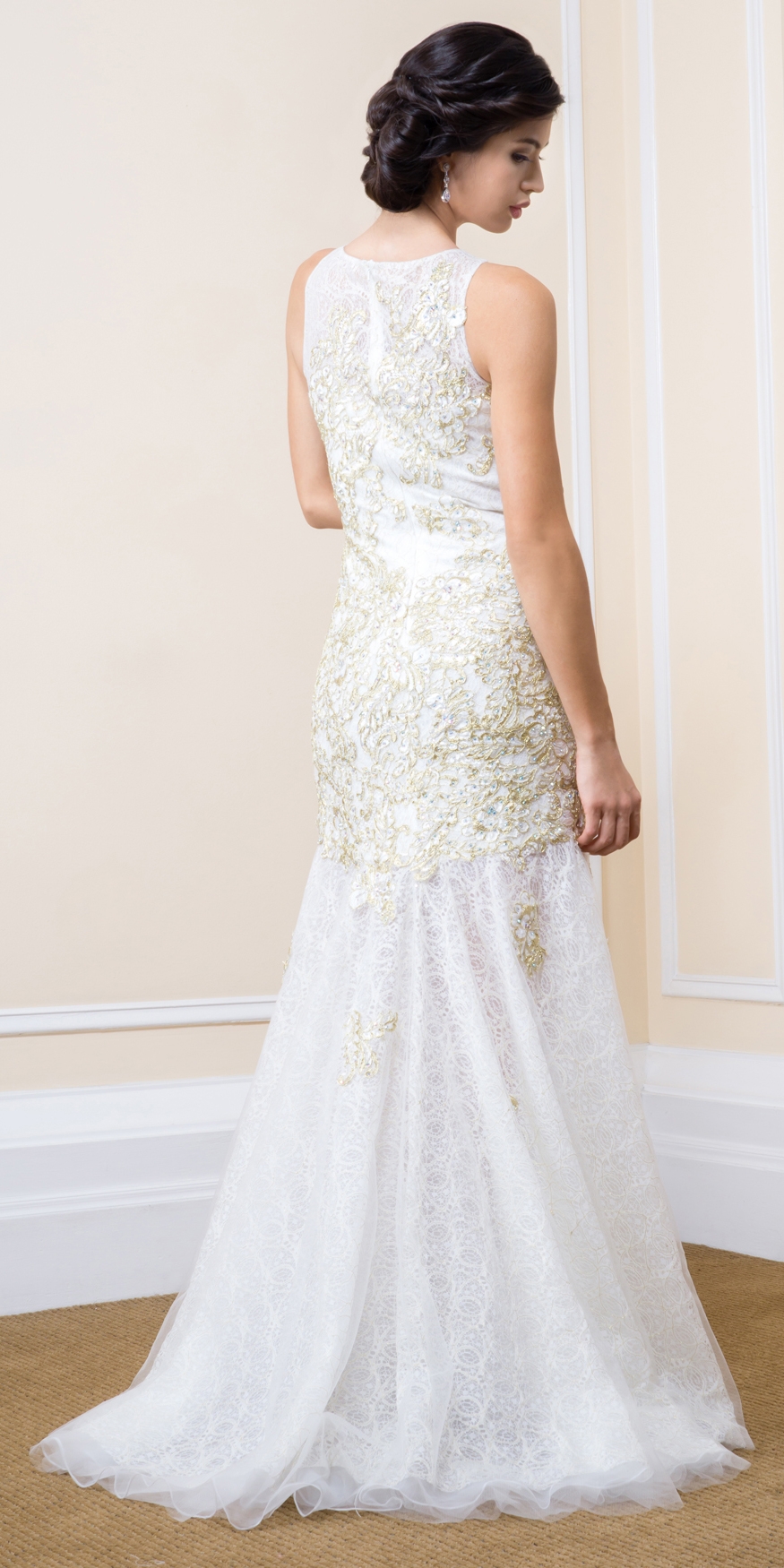 Romantic Floral Beaded Lace Long Prom Dress with Mesh Skirt — back