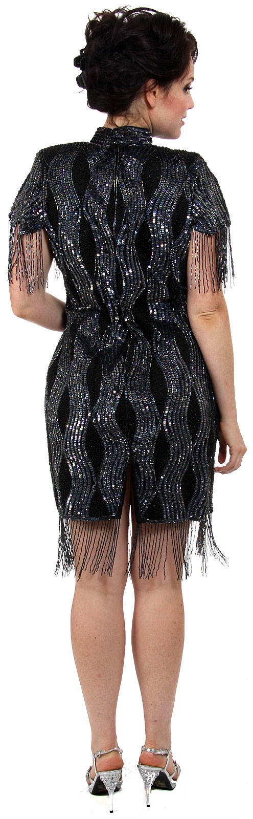 Turtle Neck Vintage Fully Beaded Short Dress with Fringes — back