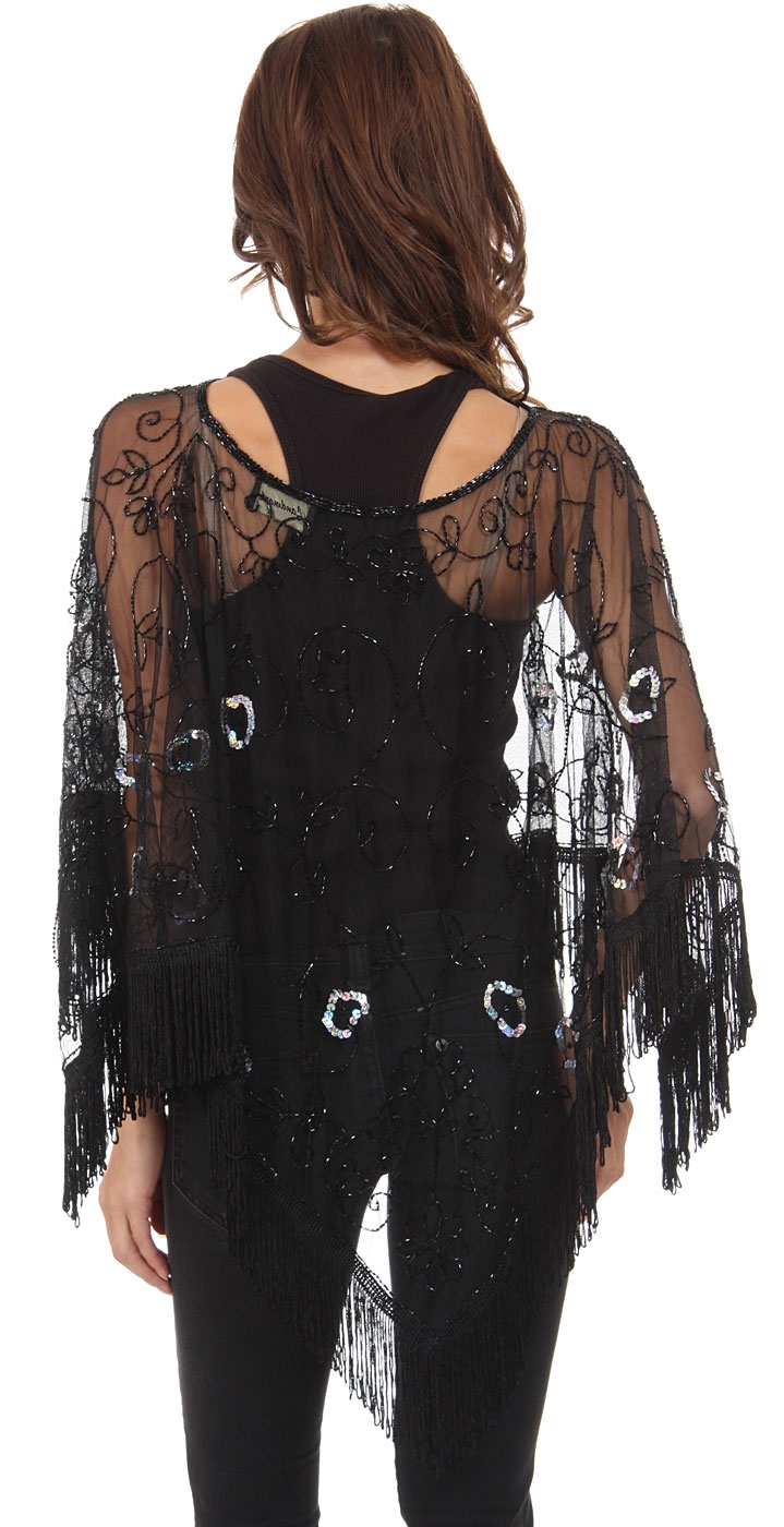 Boat Neck Mesh Beaded Poncho with Fringes — back