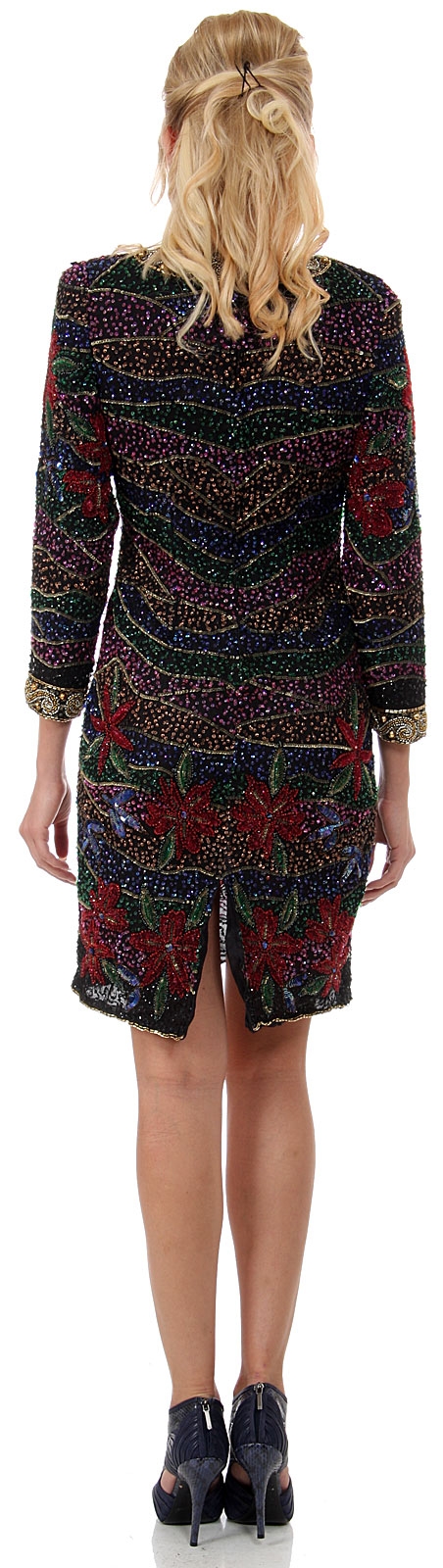 Multi Colored Waves & Flowers Short Sequined Party Dress  — back