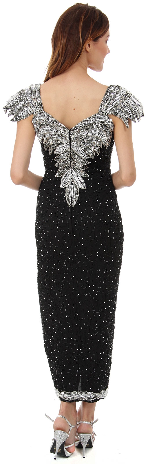 Tea Length Formal Cocktail Beaded Dress with Cap Sleeves — back