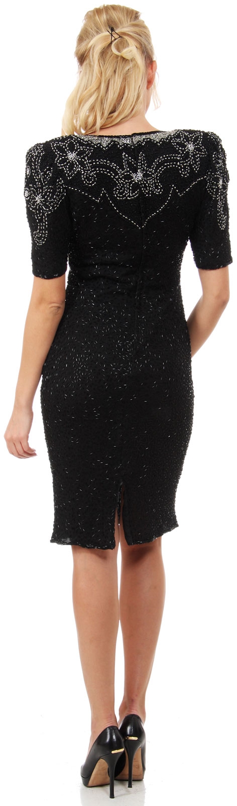 V-Neck Floral Bodice Half Sleeves Formal Sequined Dress — back