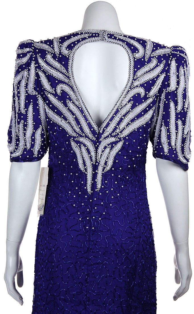 Sequined Tea Length Cocktail Dress — back in Royal/White